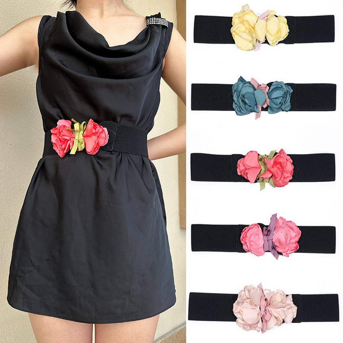 Floral Wide Elastic Waist Belt for Summer Dress