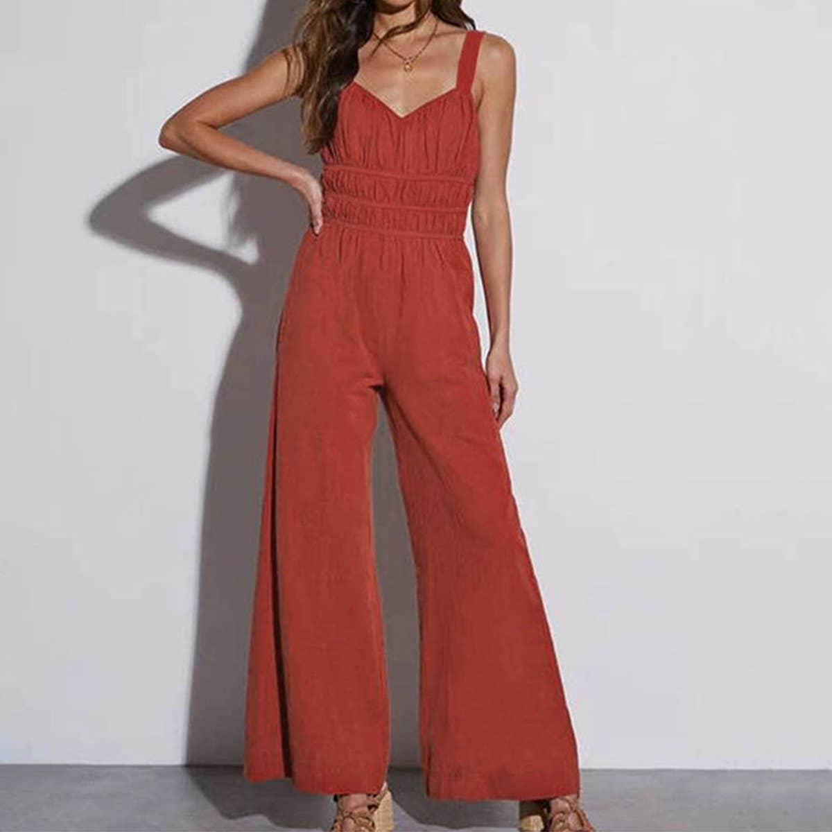 Solid color thin straps baggy flared jumpsuit