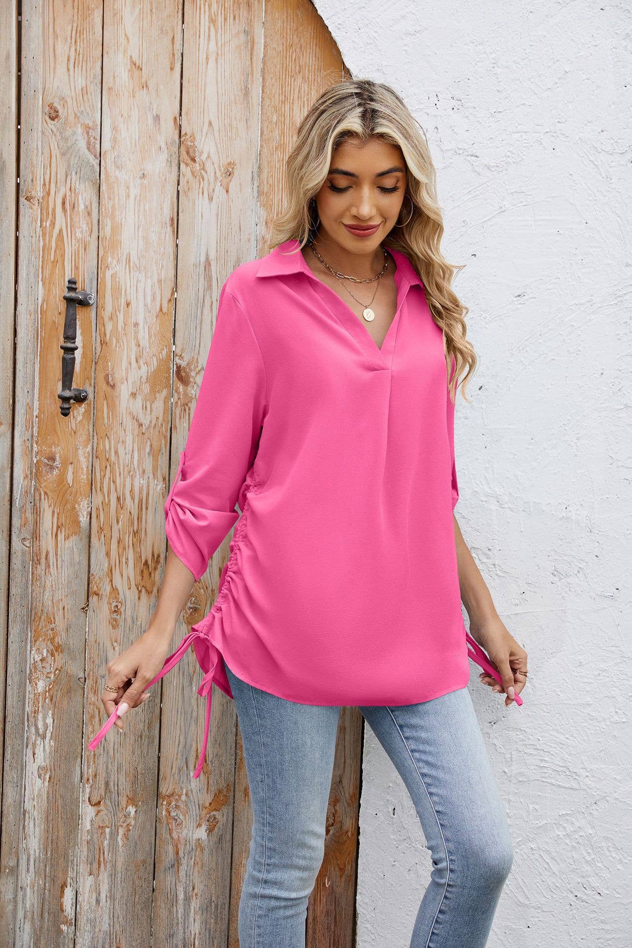 Solid-color loose mid-sleeved chiffon shirt