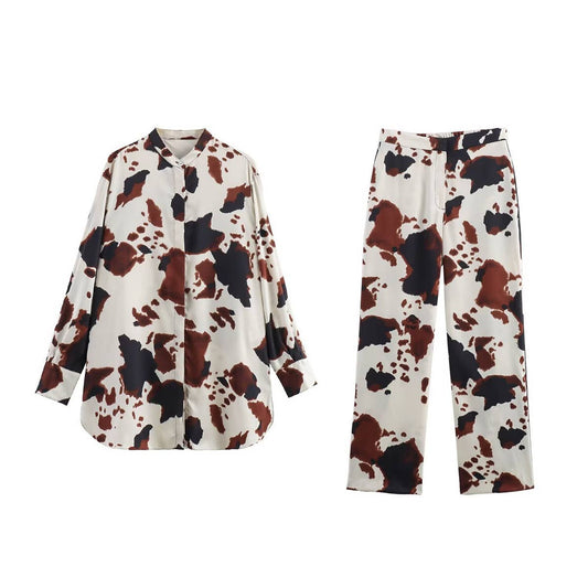Animal print straight leg pants printed shirt set