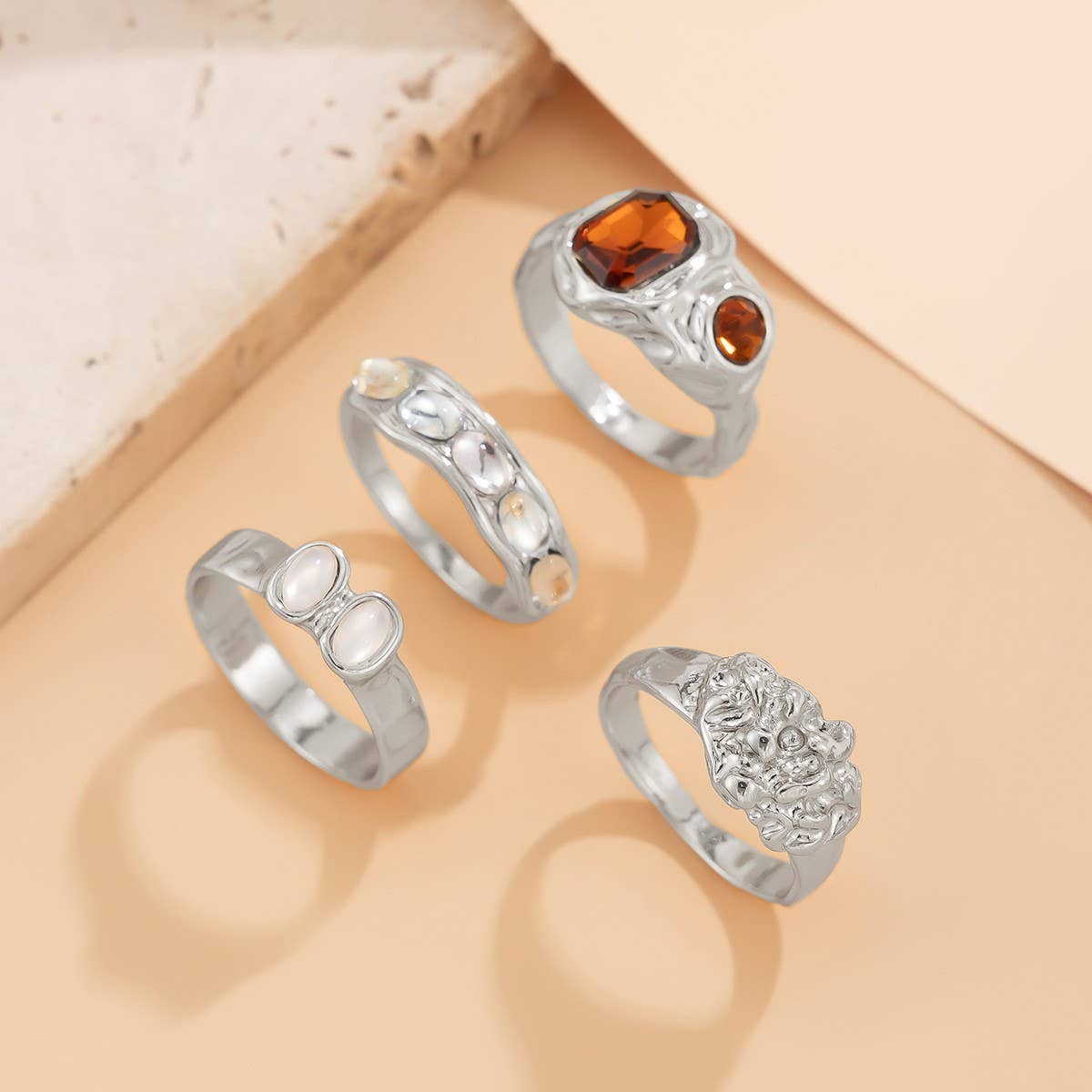 TRENDY RETRO GEOMETRIC HOLLOW DIAMOND RING SET
