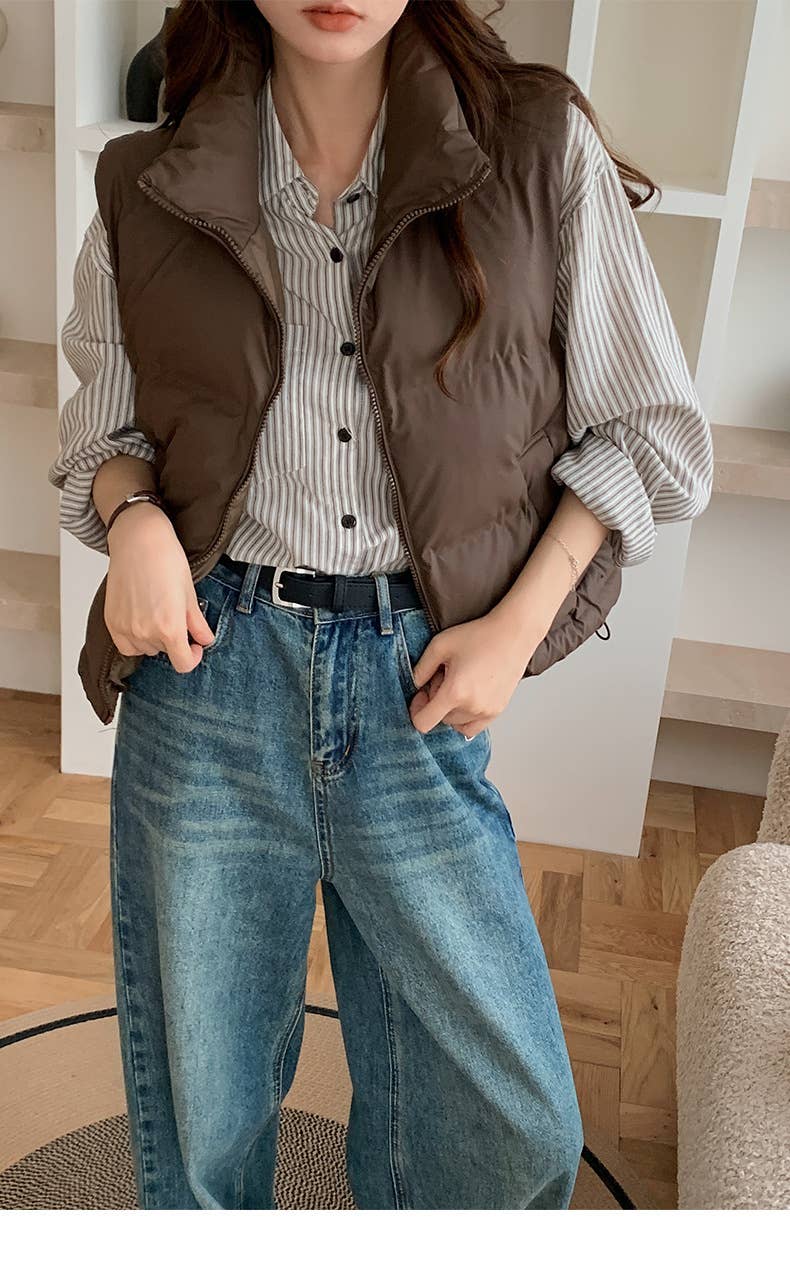 Solid-color stand-up collar thickened waistcoat