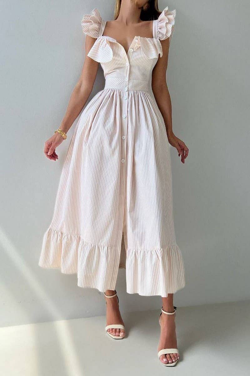 CWDHL1048_TEMPERAMENTAL COMMUTER STYLE RUFFLE STRIPED DRESS