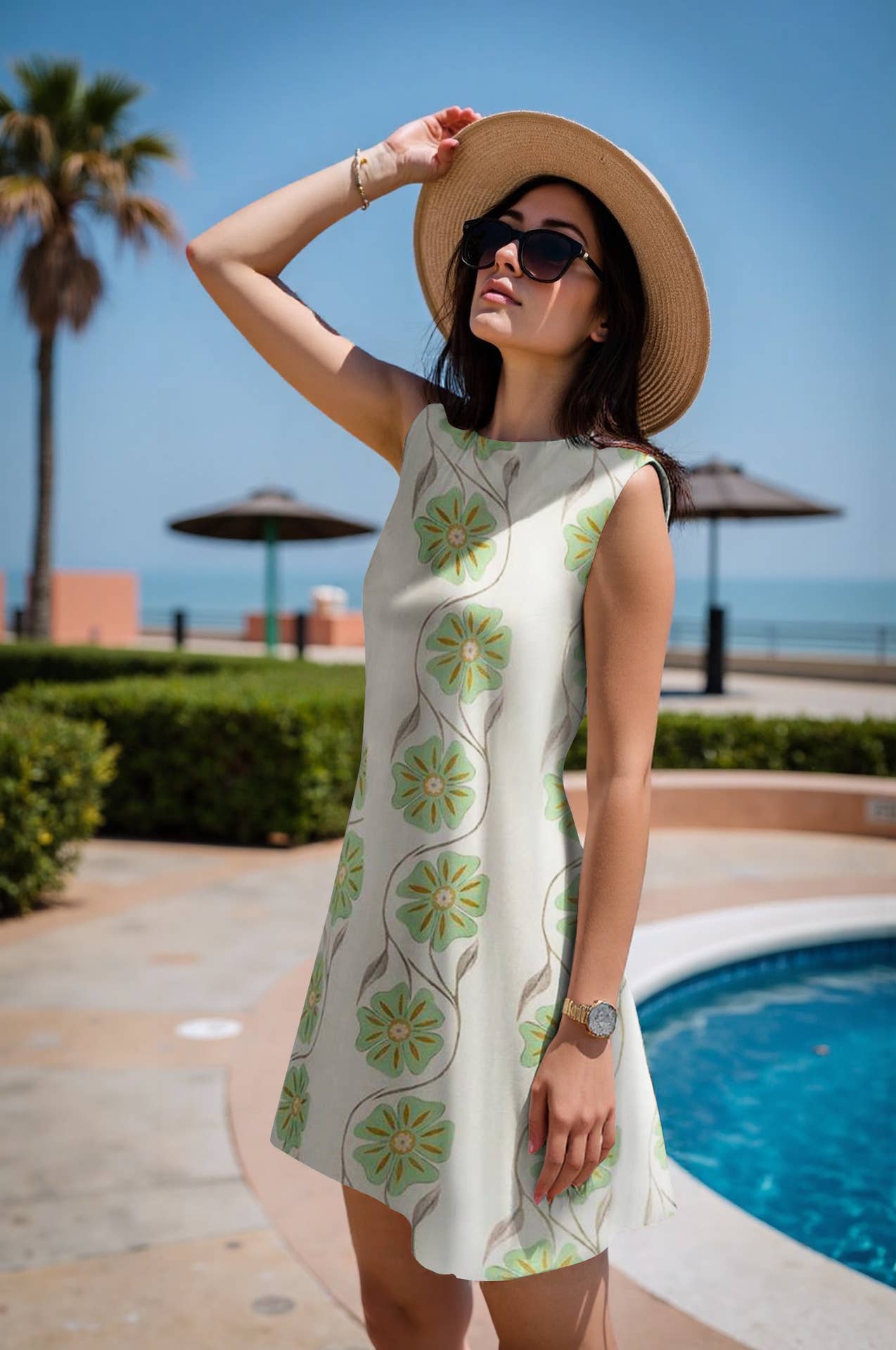 Straight, sleeveless, round-neck floral dress