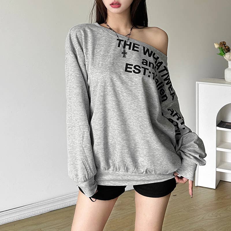 SLANT SHOULDER LETTER-PRINT LOOSE PULLOVER HOODIE