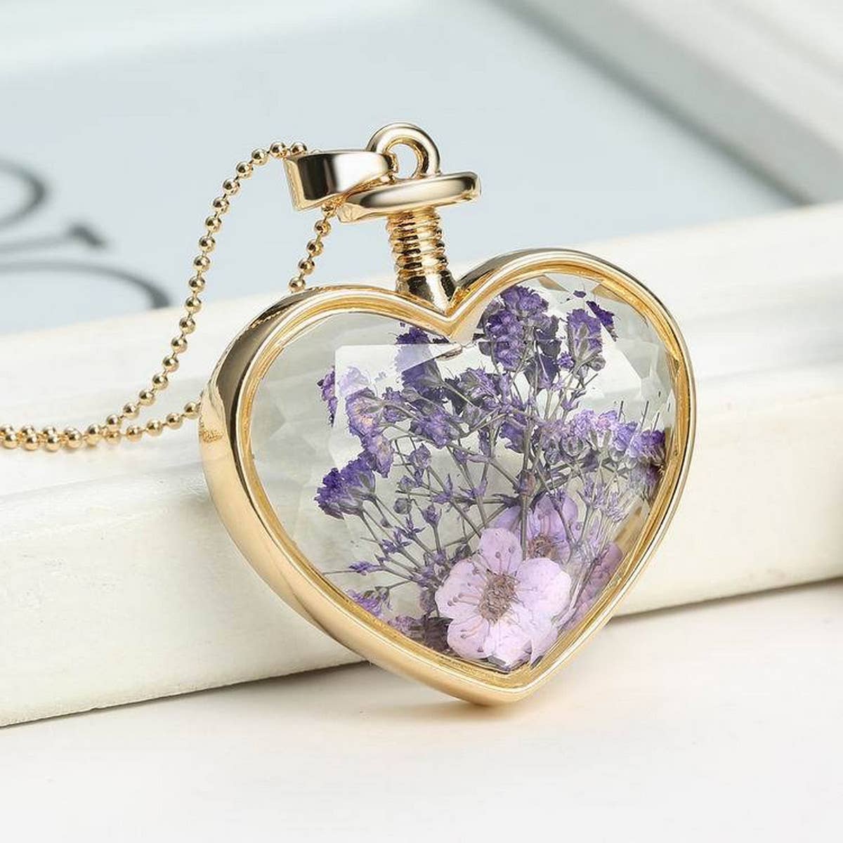 HEART CRYSTAL PLANT DRIED FLOWER NECKLACE