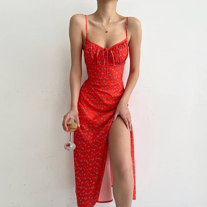 PRINT FLORAL SLIM-FIT SEXY DRESS WITH HIP WRAP