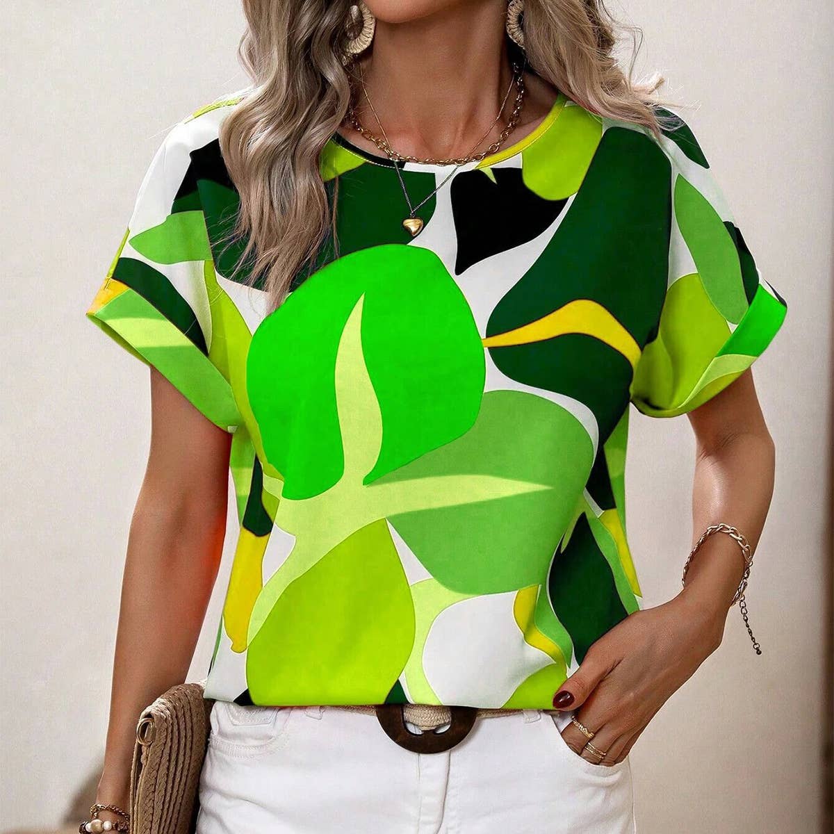 Fashion printed multi-color U-neck blouse