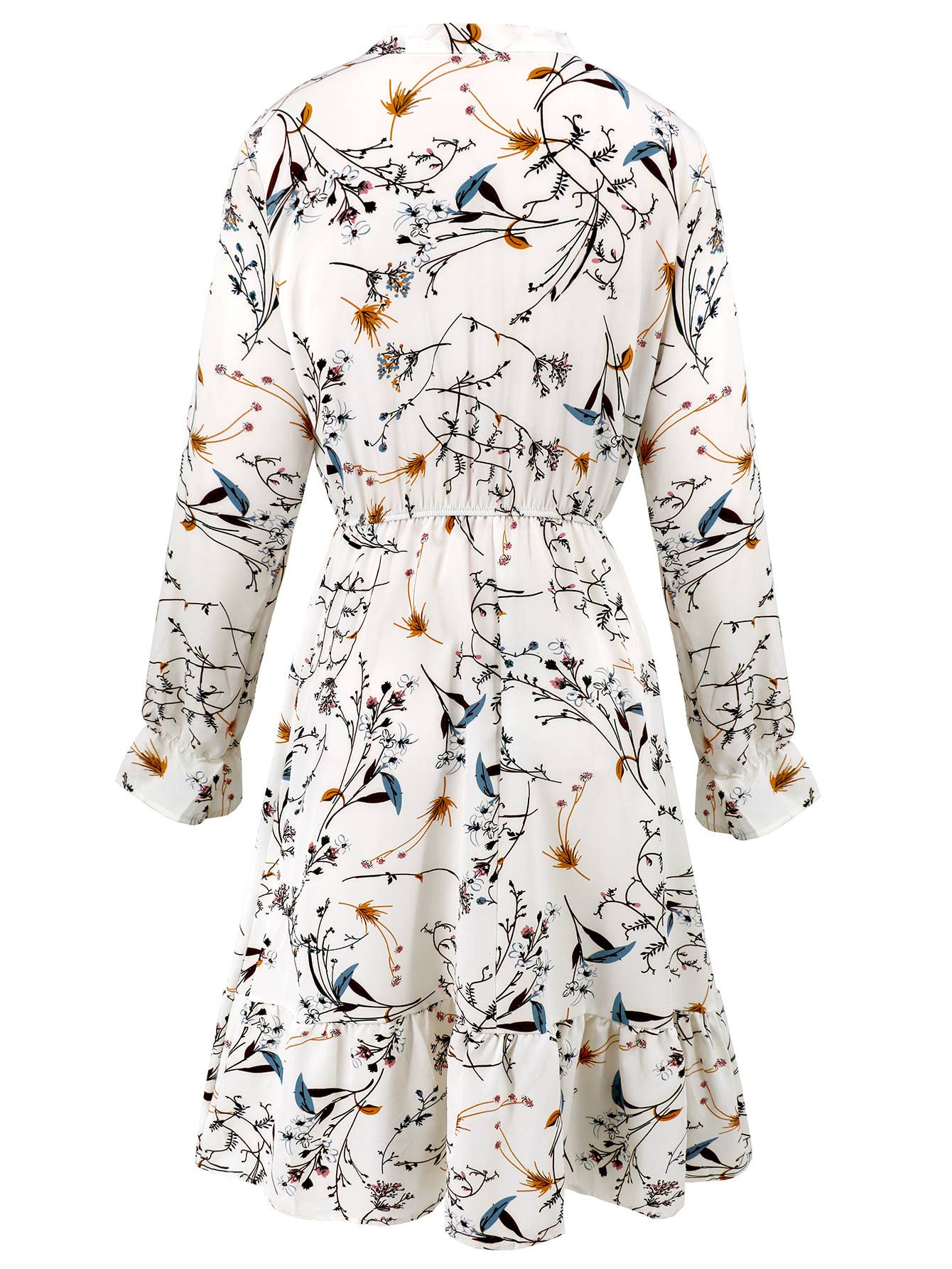 Waist-Cinched Floral Ruffle Bell Sleeve Dress