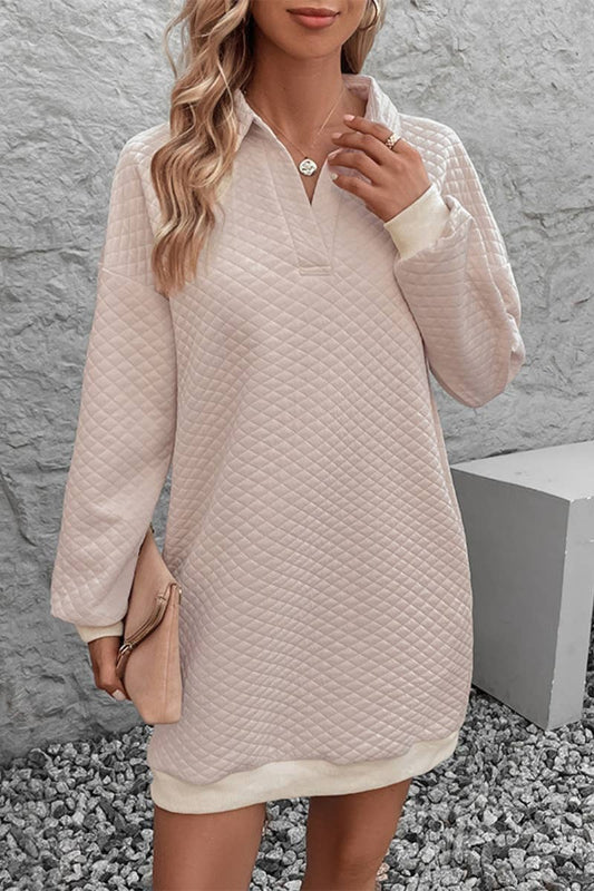 CWDSD6527_SOLID COLOR PLAID V-NECK LONG-SLEEVED DRESS SHORT