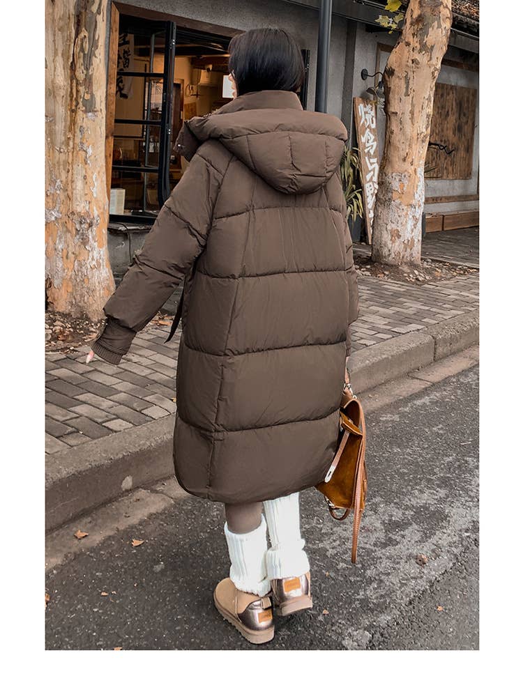 Warm hooded thick long pure color quilted jacket