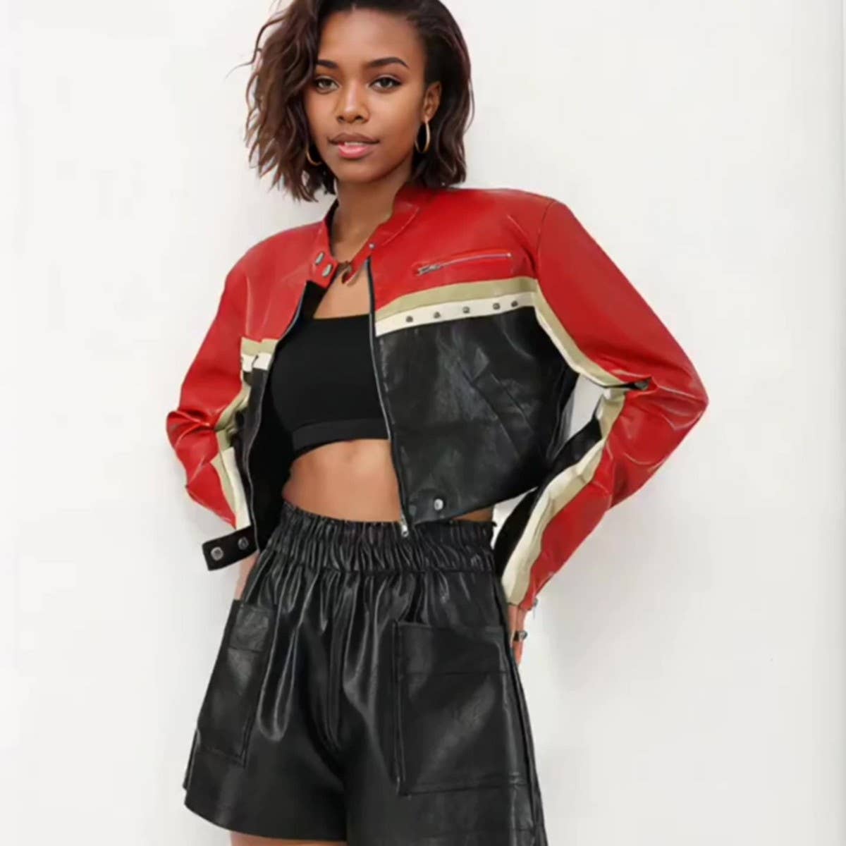Cropped PU Moto Jacket Women Patchwork Stand Neck
