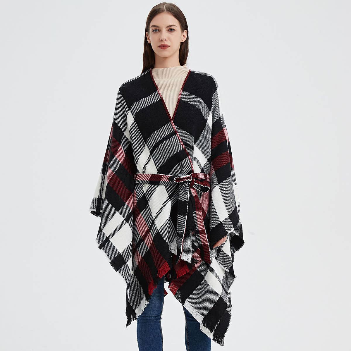 GEOMETRIC BLACK AND RED SHAWL WITH SPLIT HOOD