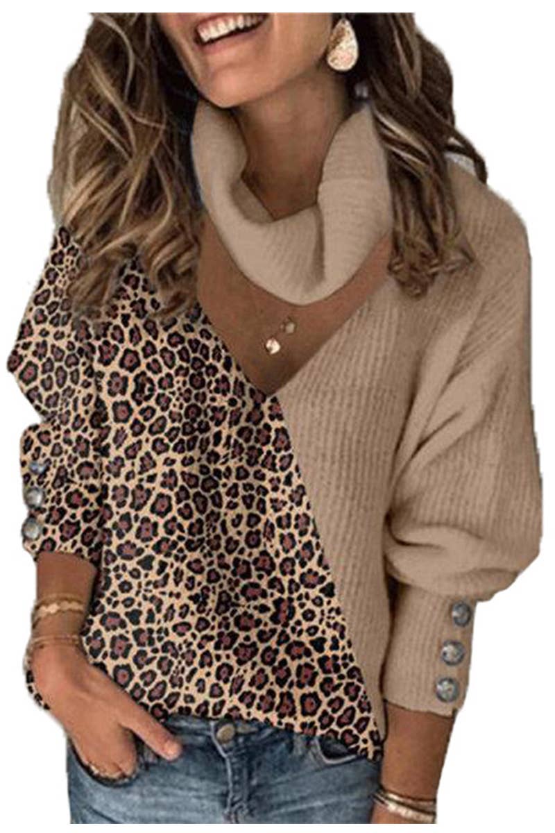 LEOPARD PRINT COLOR V-NECK NECK HOLLOW KNIT