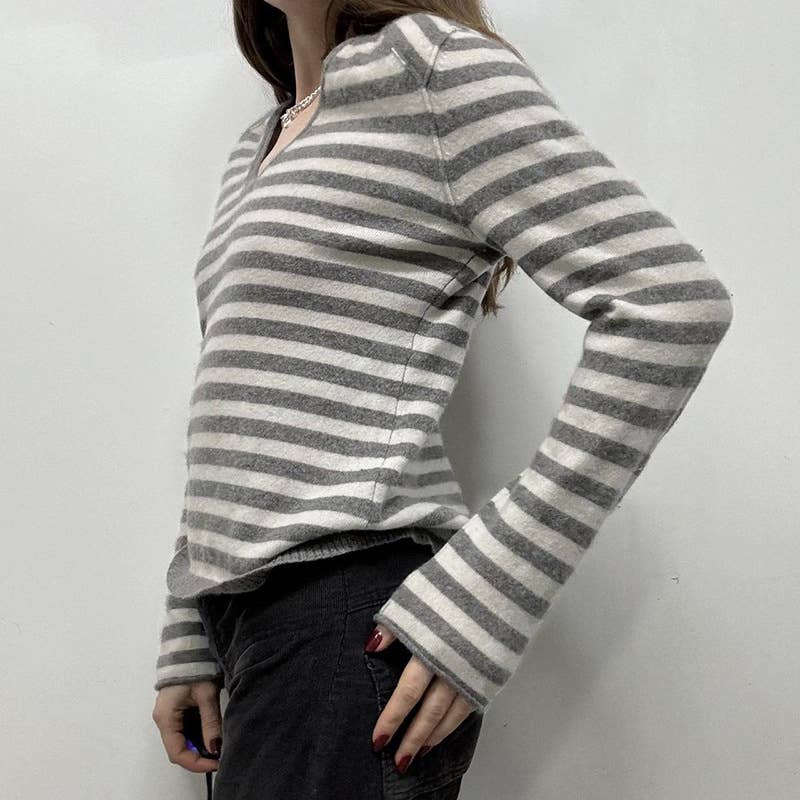SIMPLE SLOUCHY STRIPED V-NECK SWEATER FOR GIRLS