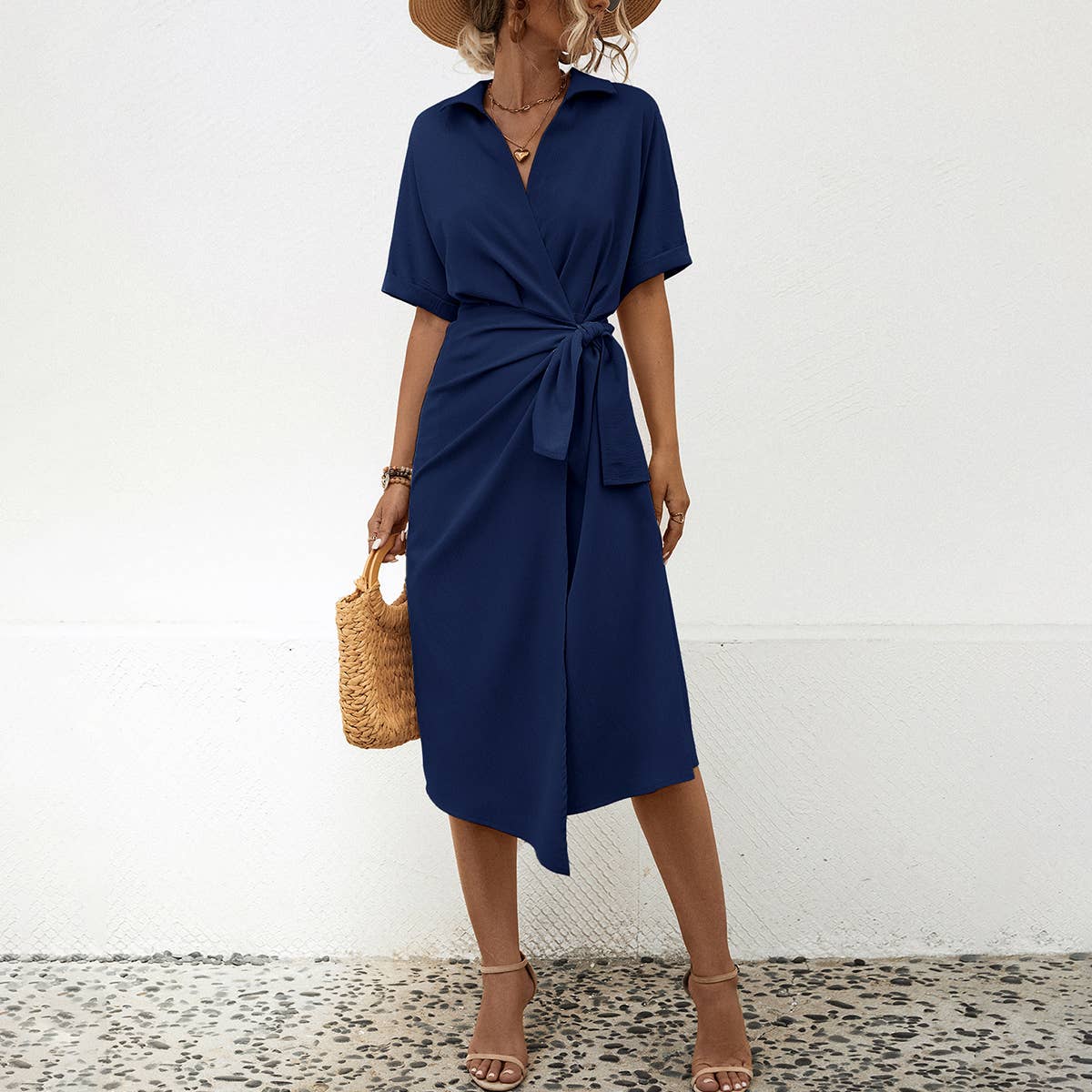 LAPEL WRAP SHORT SLEEVE LONG DRESS
