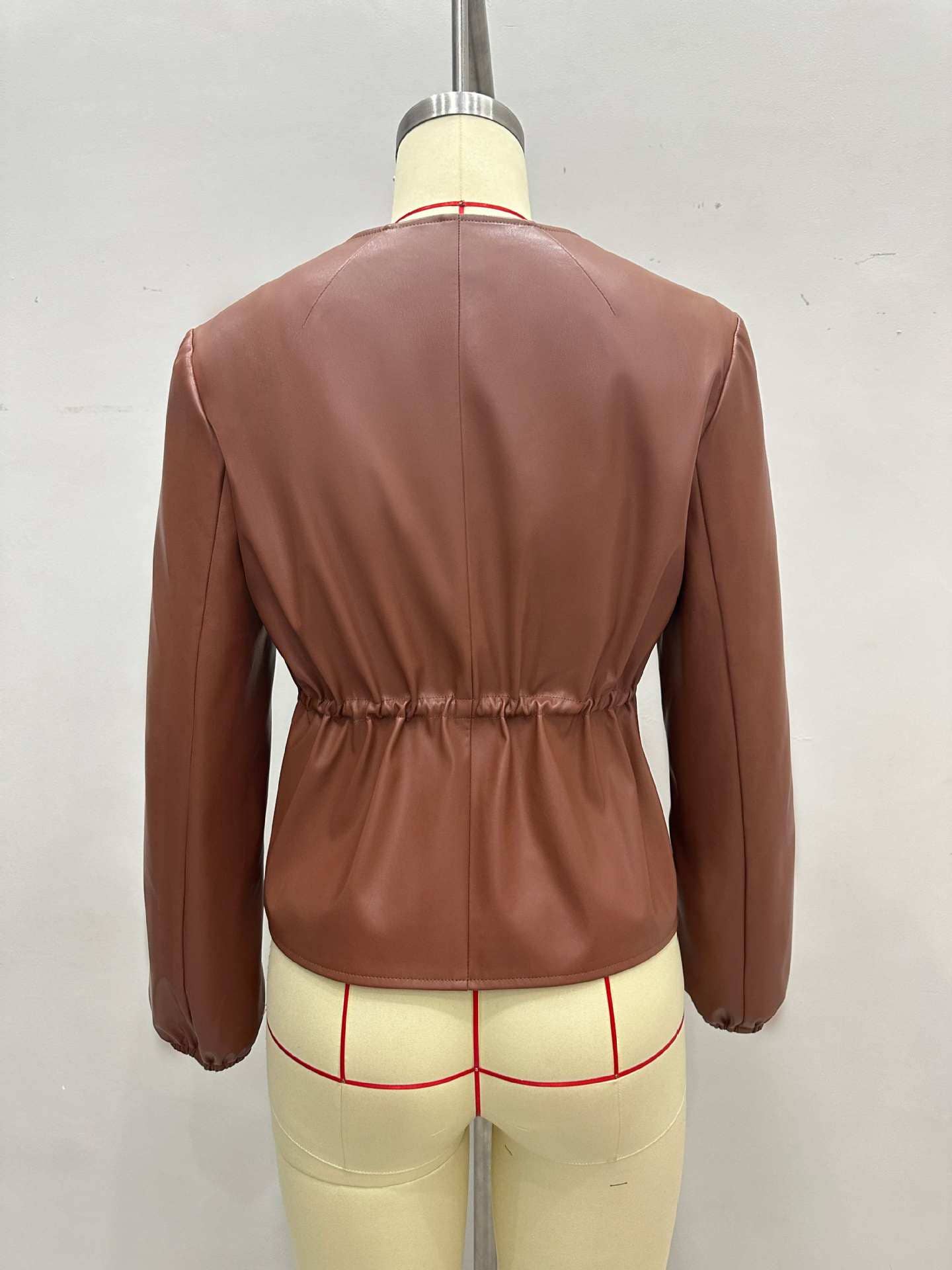 Round-neck drawstring waist leather jacket