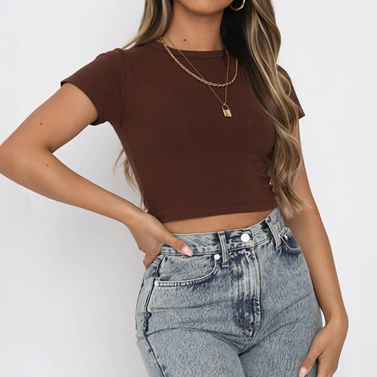 Solid color short crop stretch slim-fit T-shirt