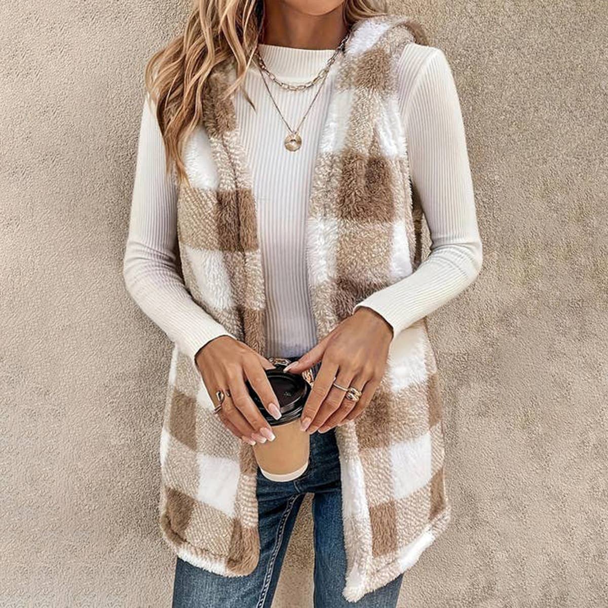 TWO-TONE PLAID HOODED PLUSH WAISTCOAT