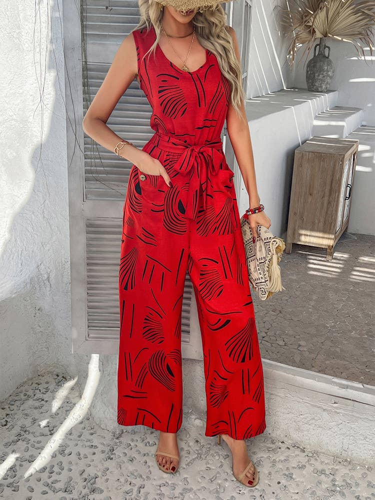 Rayon printed pants with high-waisted pockets