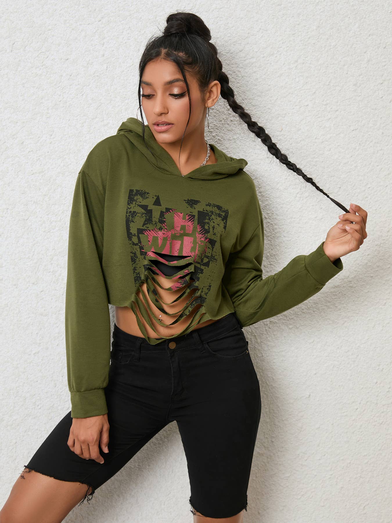Solid color sexy hooded street style short hoodie