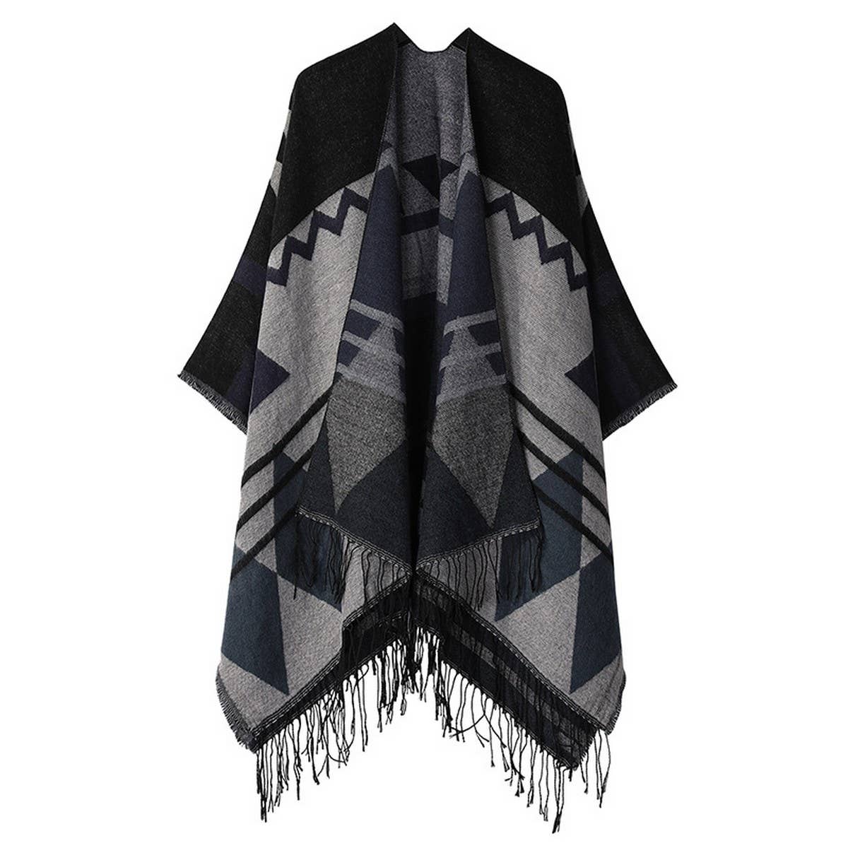 FRINGED GEOMETRIC PATTERN SHAWL SLIT CAPE SCARF