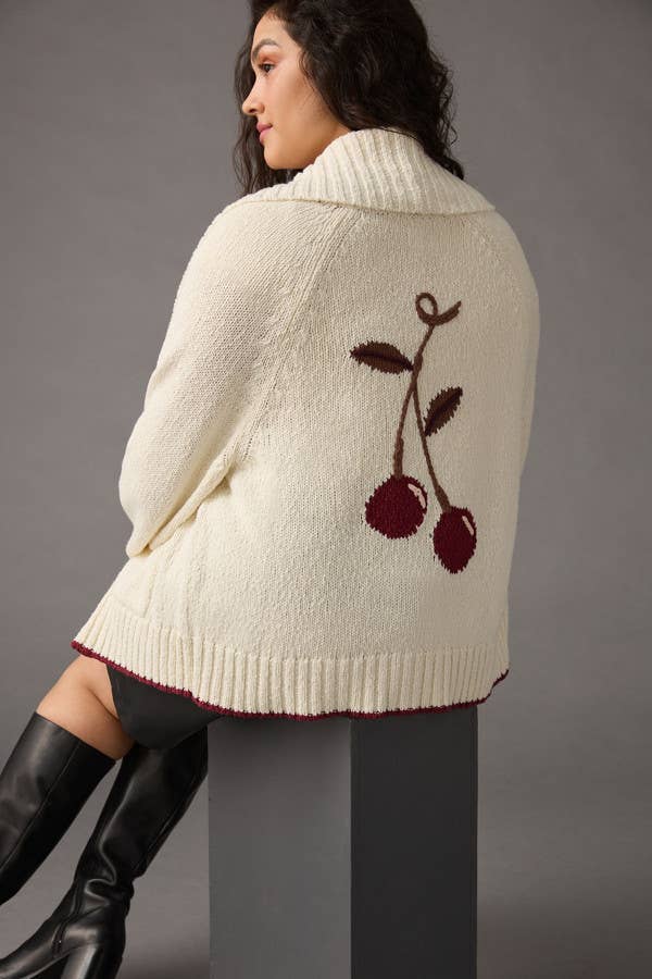 Lapel cherry jacquard single-breasted cardigan