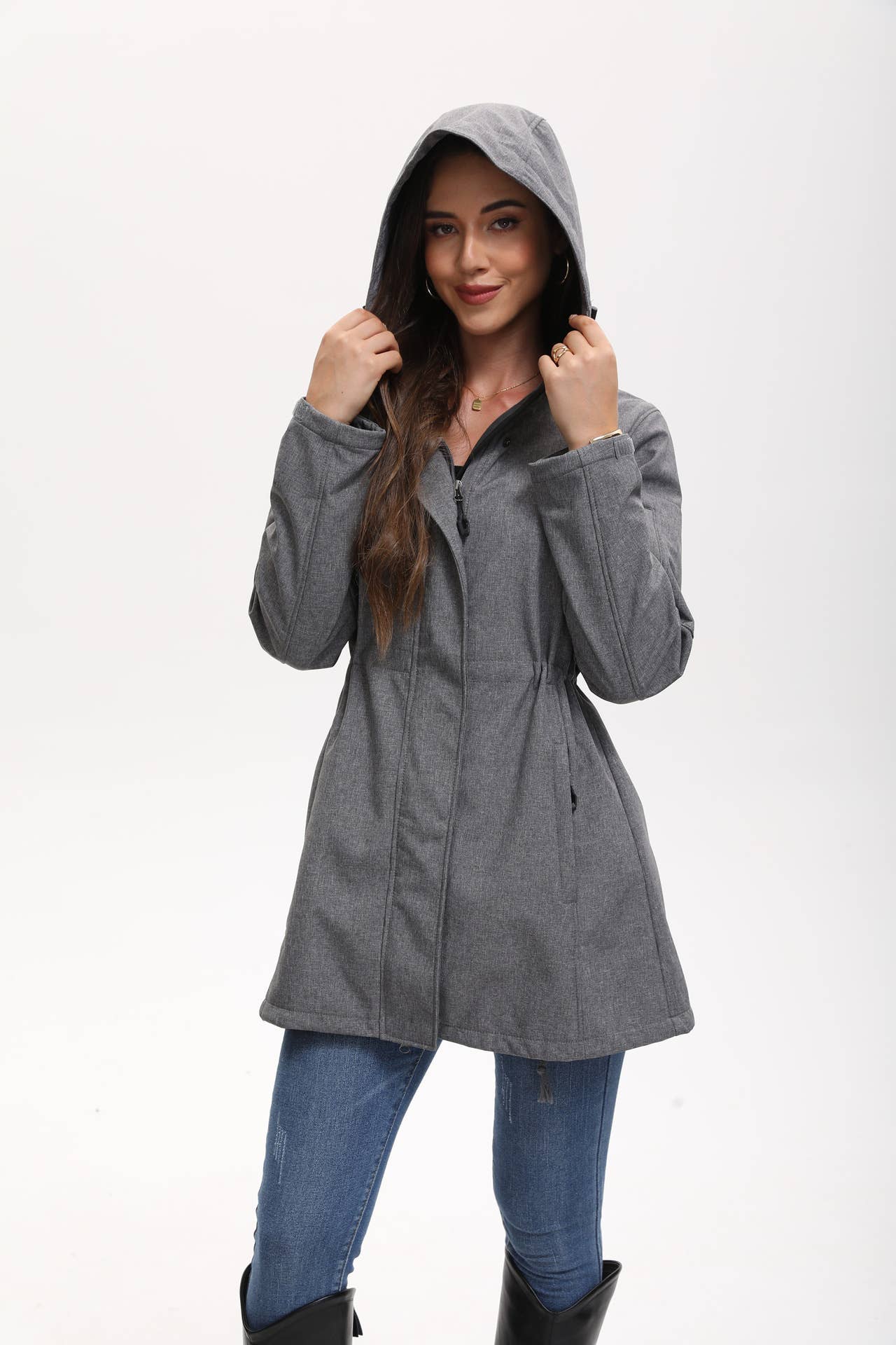 Hooded multi-pocket fleece down jacket