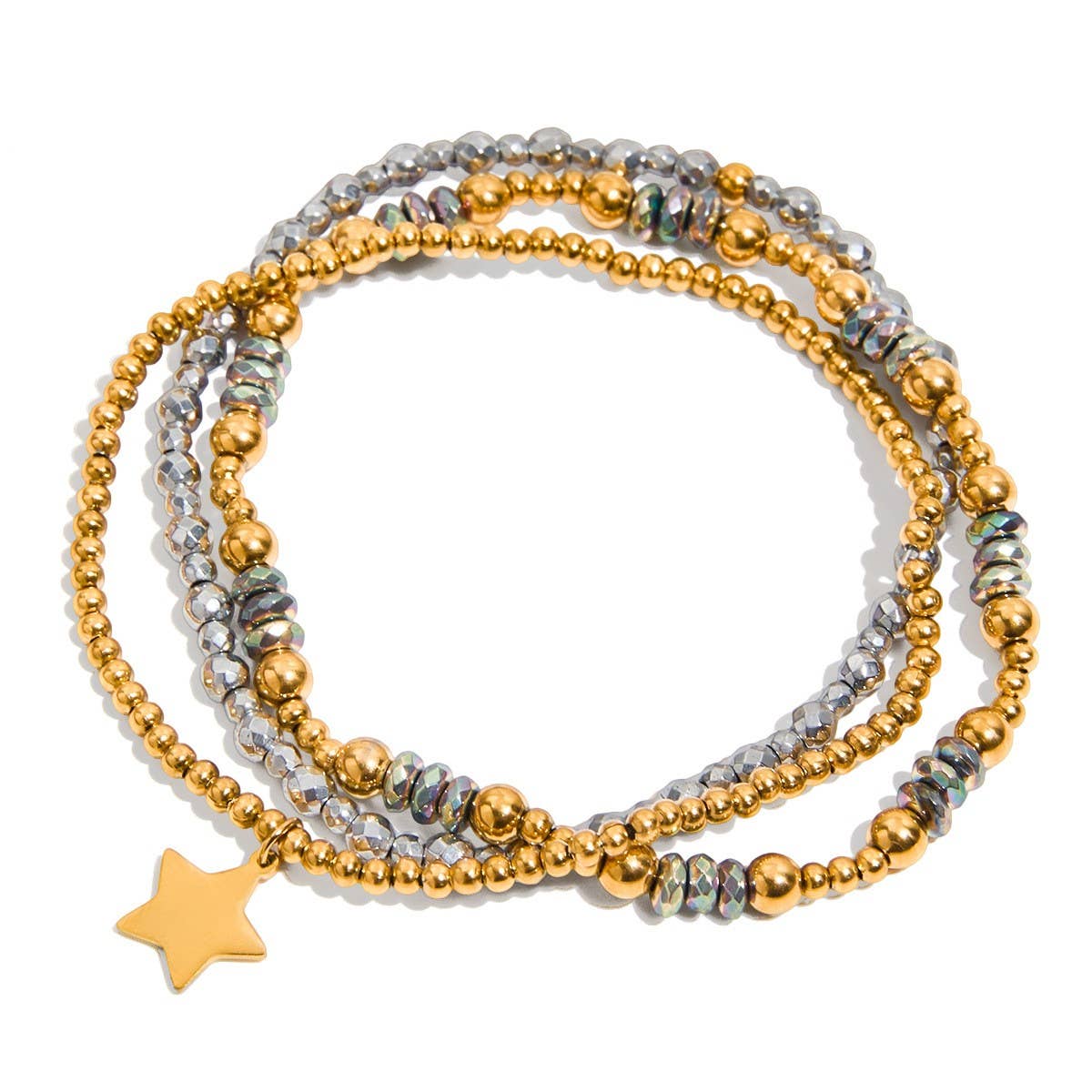 Punk Rock 18K Gold Black Silver Beaded Bracelet_CWAJE4810