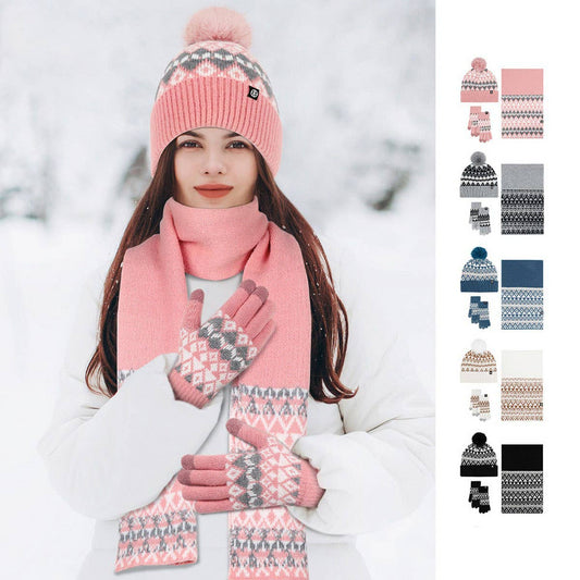 WINTER WARM JACQUARD KNITTED HAT 3-PIECE SET