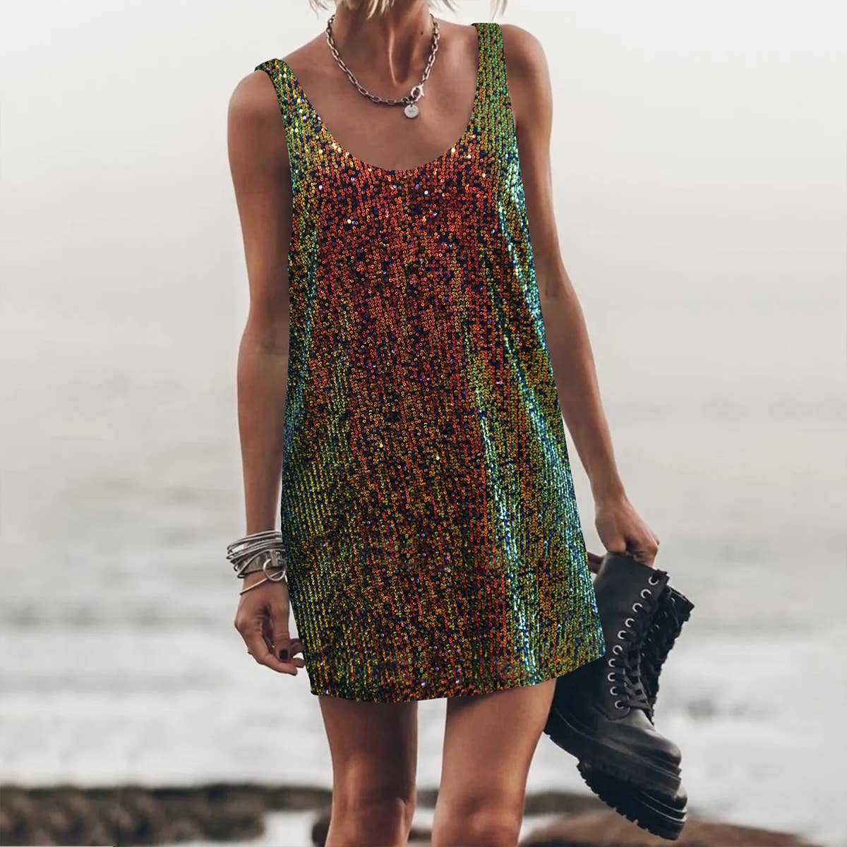 U-neck sleeveless loose backless vest dress