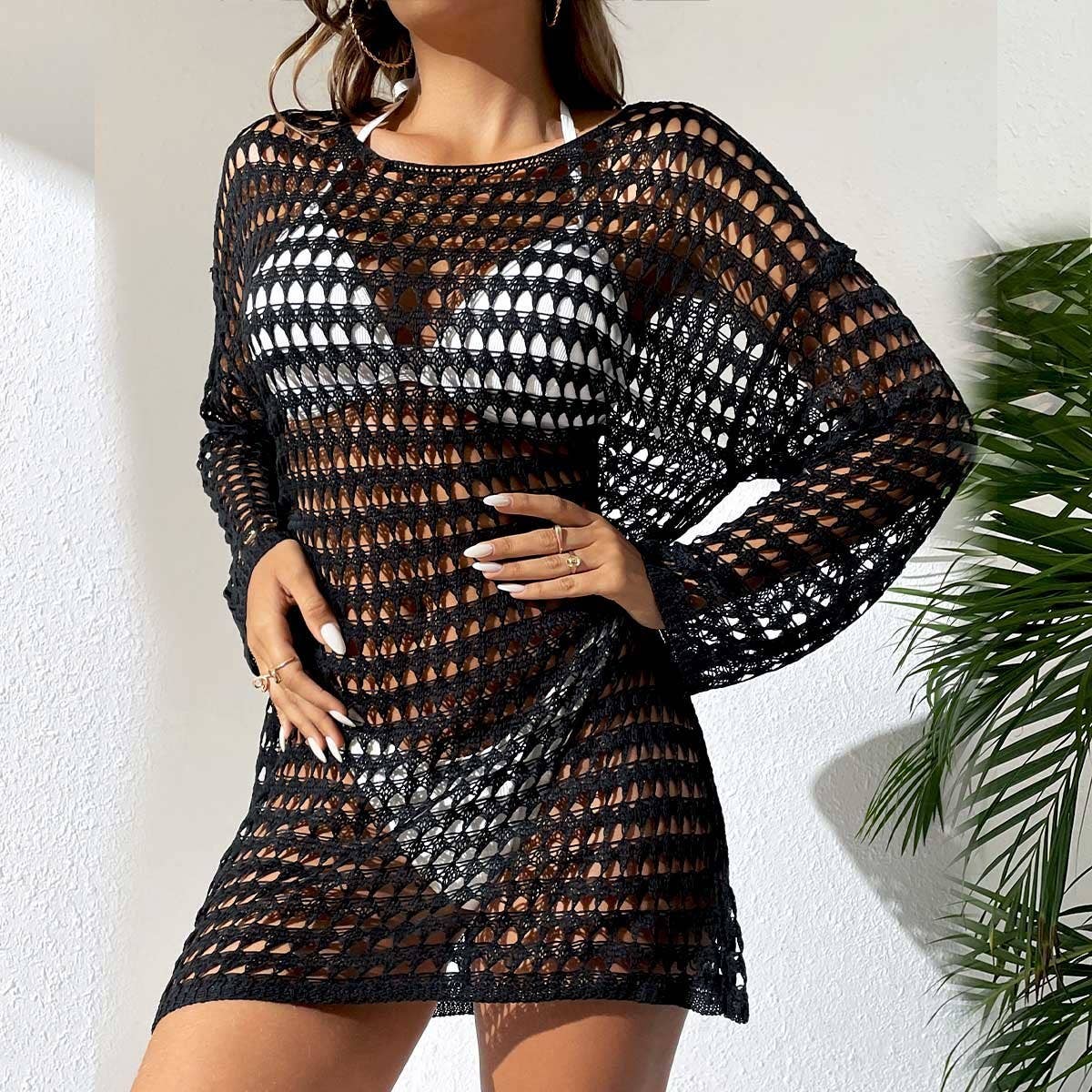 ROUND NECK LONG SLEEVE CUTOUT BIKINI COVER UP
