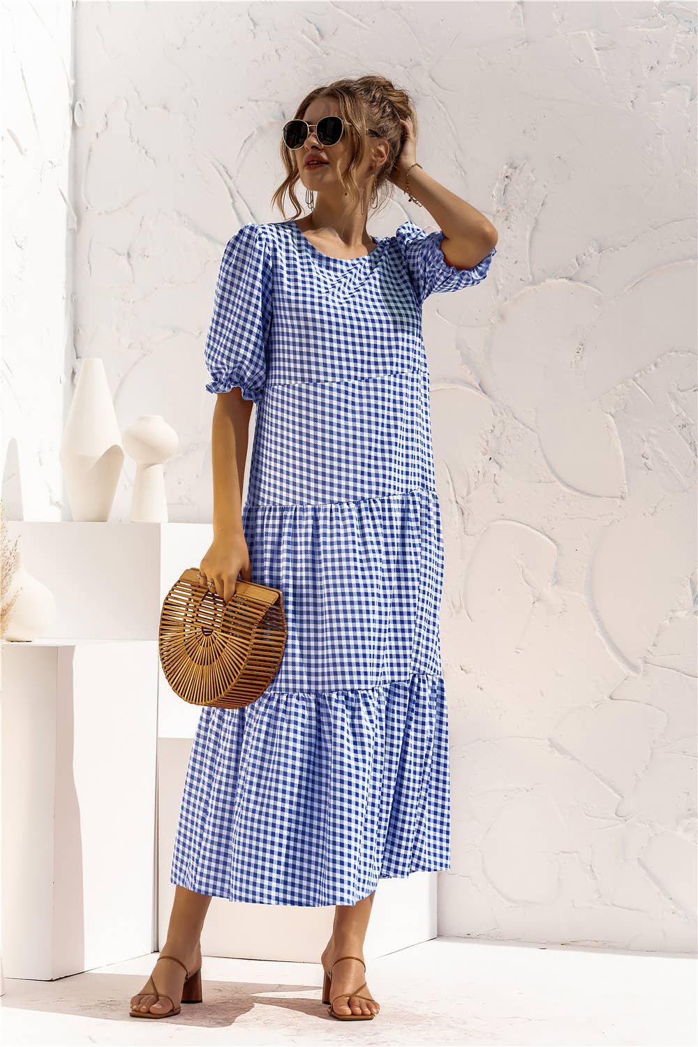 Puffed sleeve polka dot plaid patchwork dress