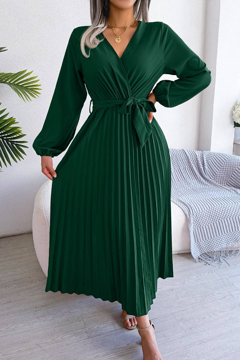 SOLID V NECK PLEATED LONG SKIRT_CWDMD0762