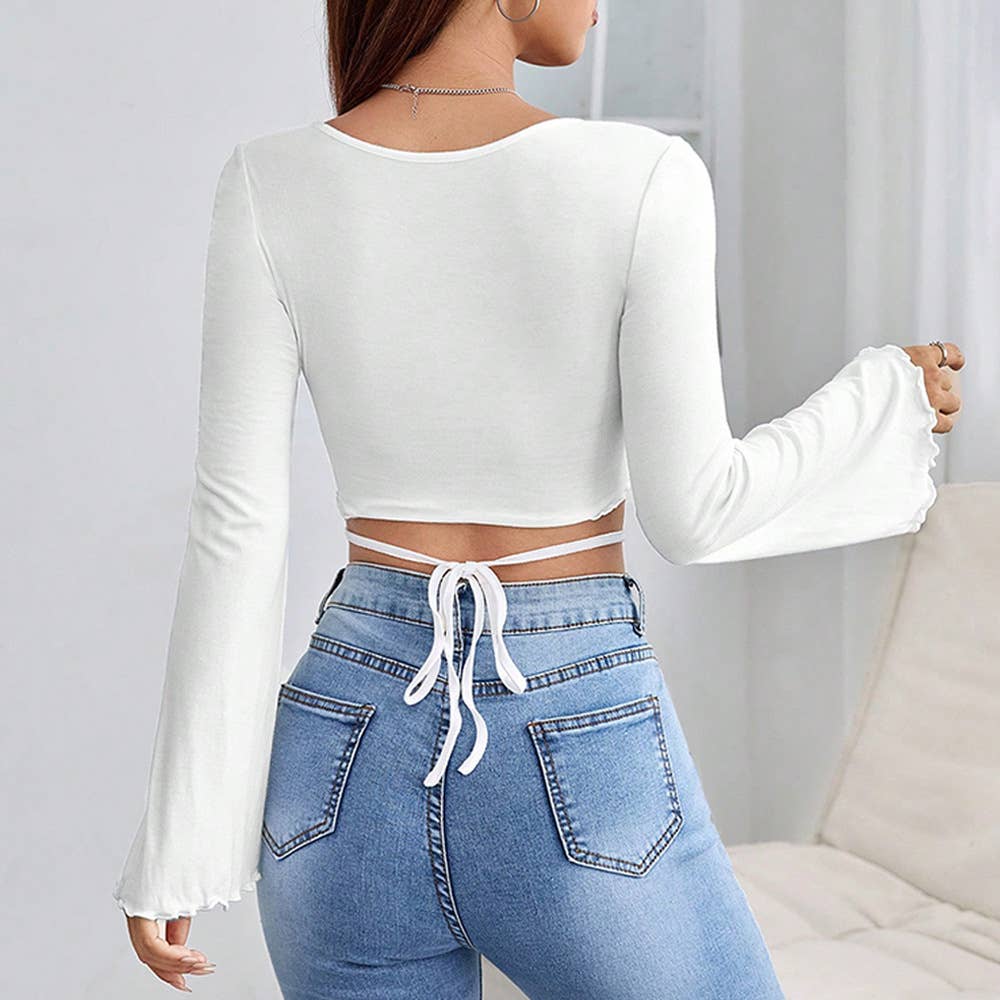 SQUARE NECK STRAP FLARED LONG SLEEVE SHORT TOP