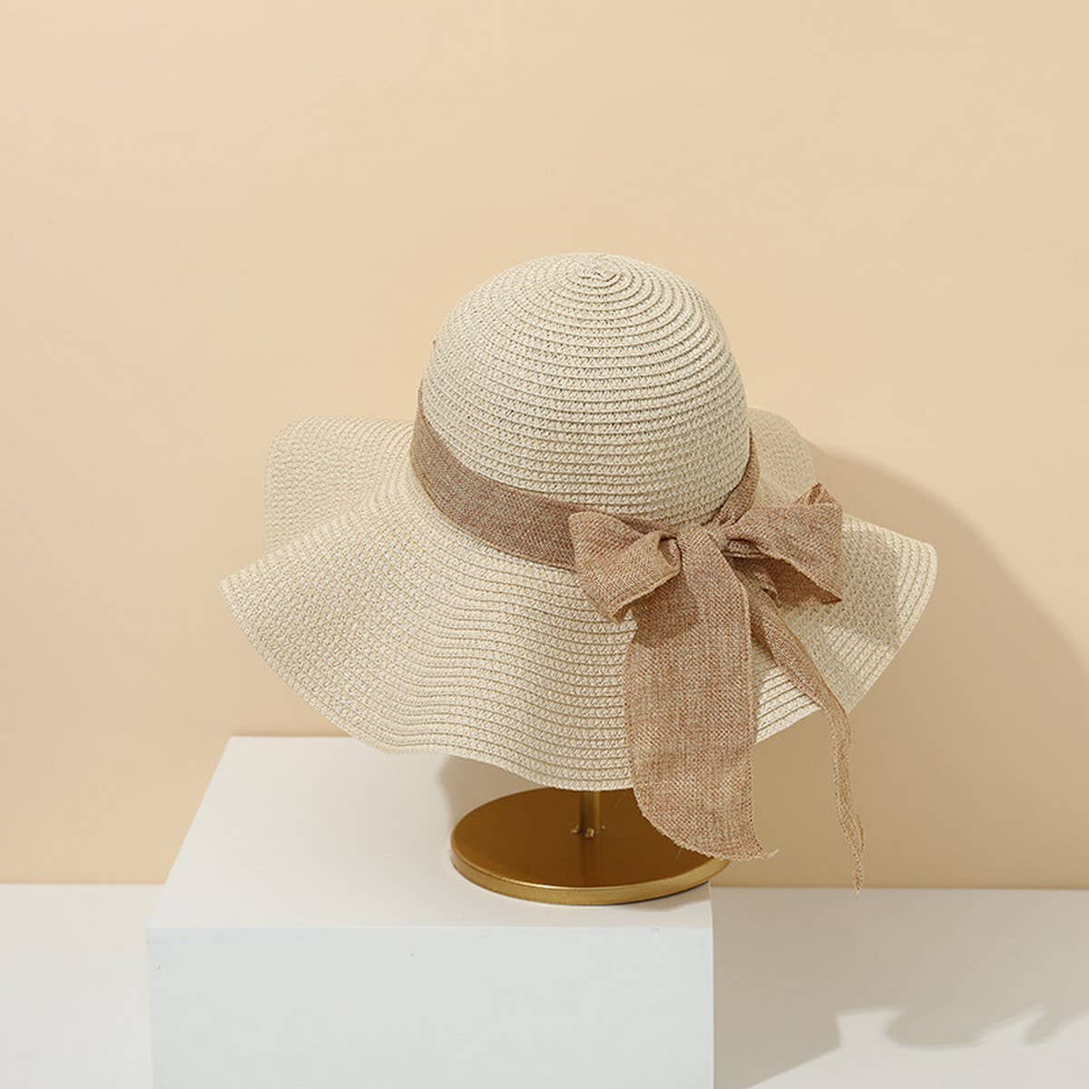 Fashion bow ribbon wide brim straw hat_CWAH3471