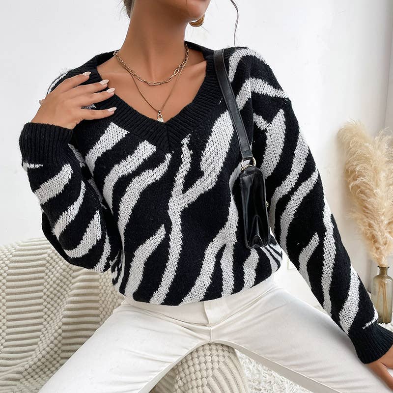 STYLISH ZEBRA-PRINT WARM THICK KNIT SWEATER