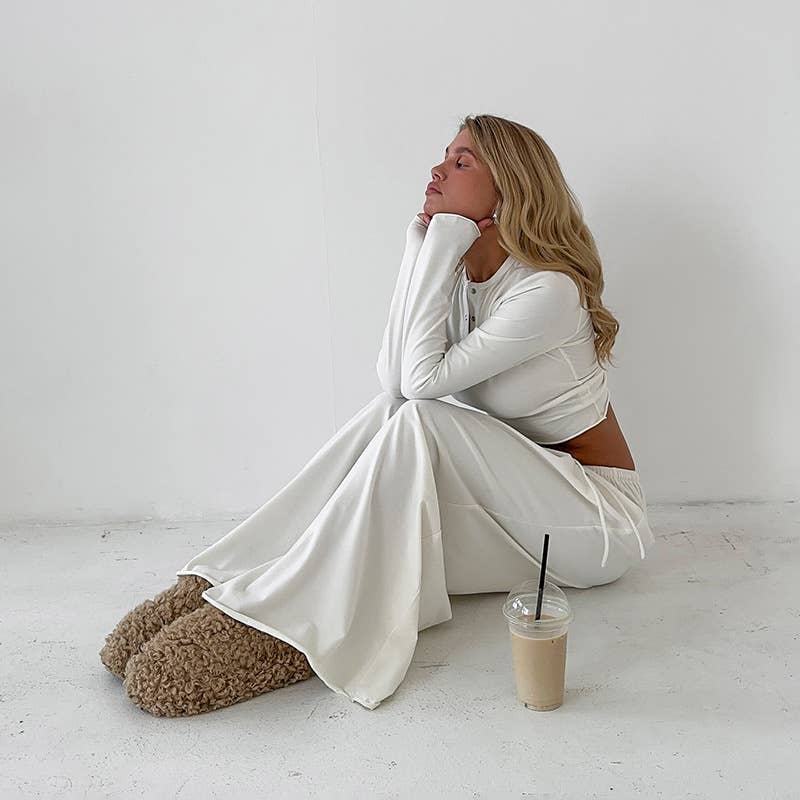 Round-neck solid crop top wide-leg pants set