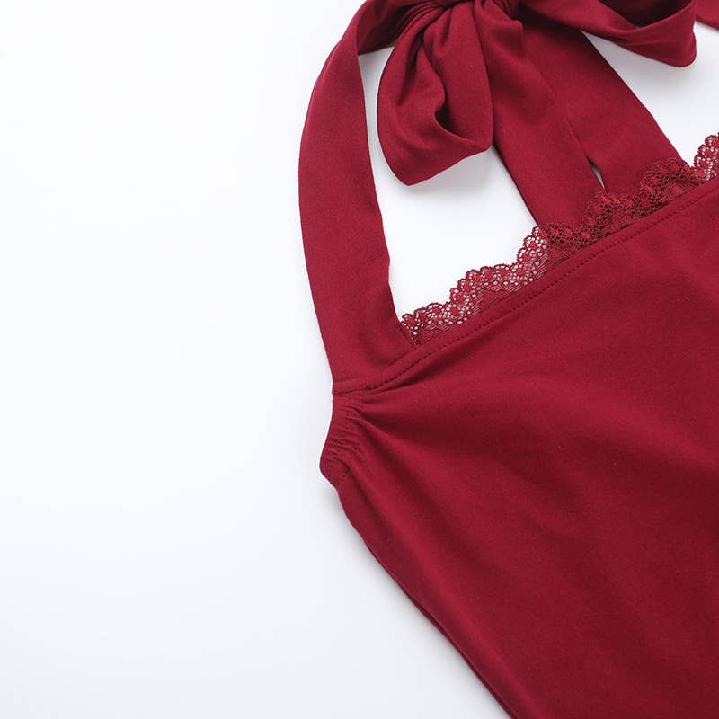 Lace Trim Halter Neck Slim Fit Cami Top