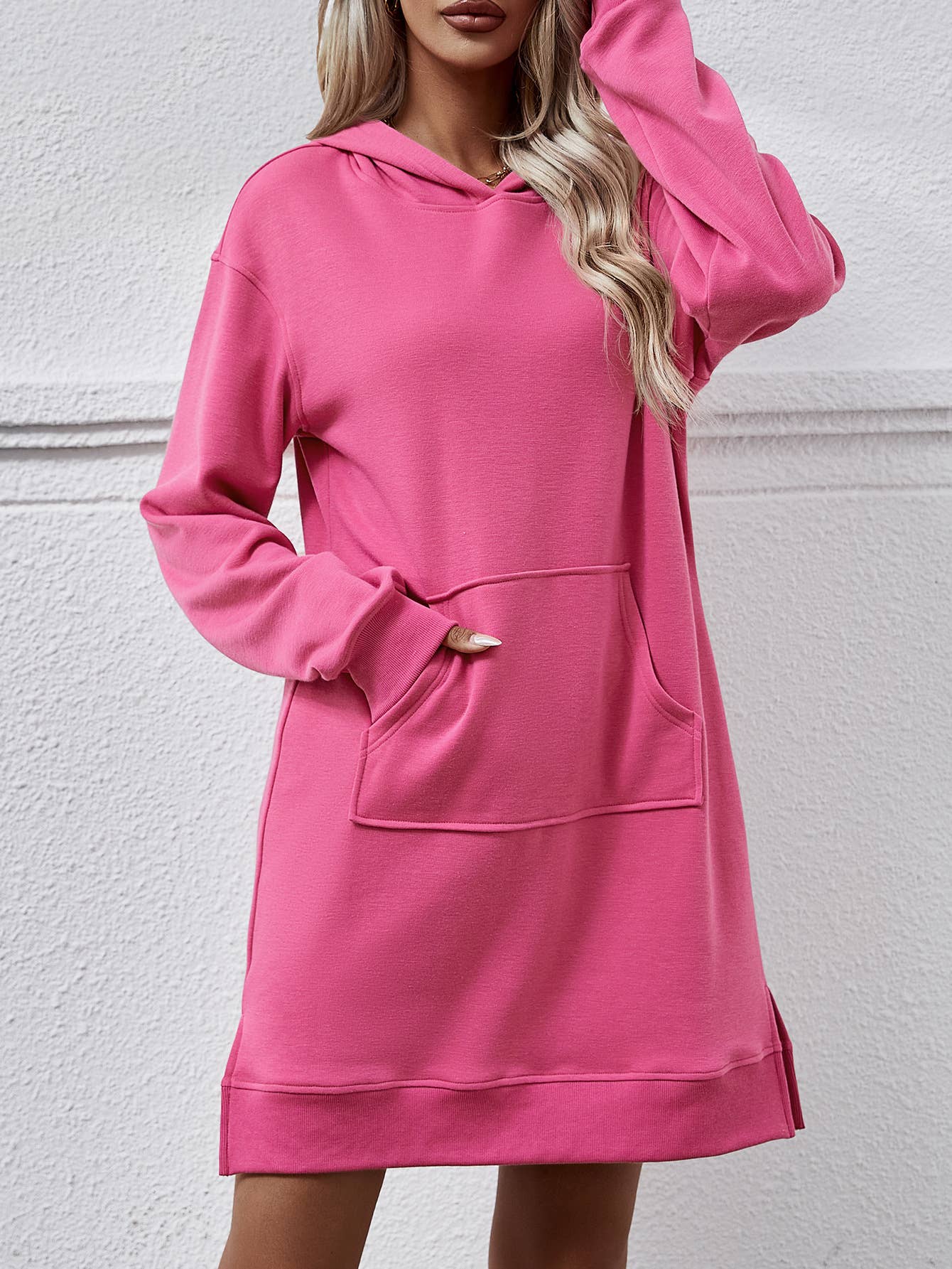 Hooded long-sleeved kangaroo pocket split dress