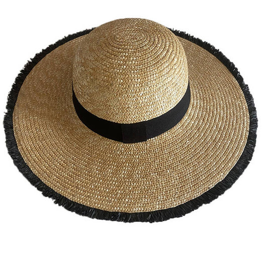BLACK FUR EDGE OUTDOOR SHADING FASHION STRAW HAT_CWAH1173