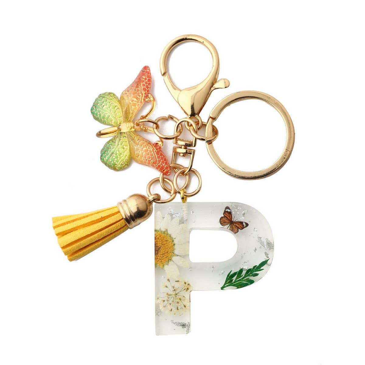 Flower Letter Keychain with Yellow Butterfly Charm_CWAB5090
