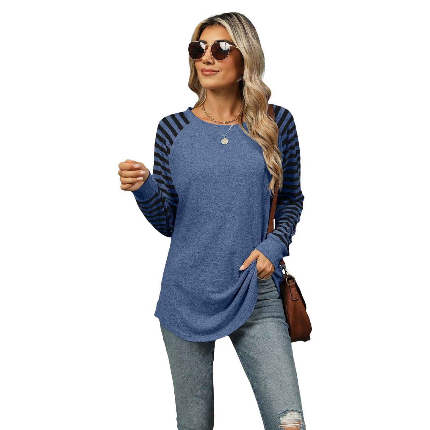 STRIPED PATCHWORK CREW NECK LONG SLEEVE T-SHIRT