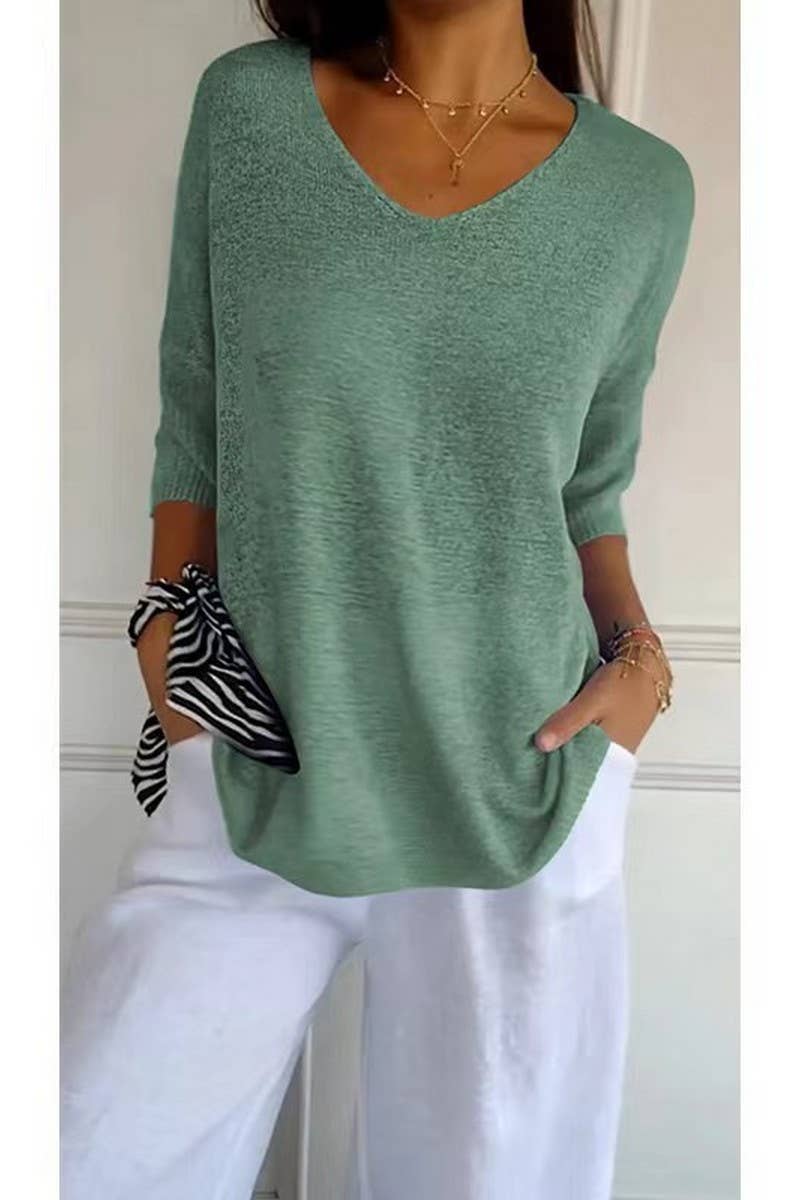 CWOSWL07659_V-NECK SOLID COLOR KNITTED BOTTOMING TOP