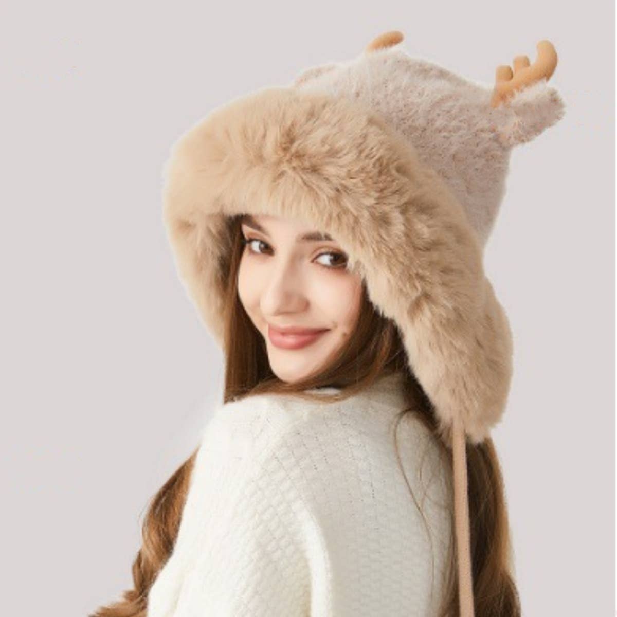 CWAH2209_WINTER CHRISTMAS ANTLER AND FLEECE KNITTED HAT