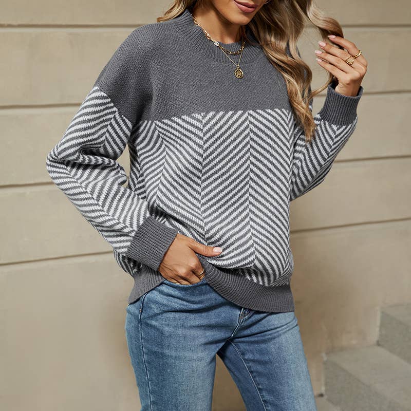 LONG SLEEVE CREW NECK JUMPER STRIPED KNIT SWEATER