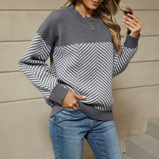 LONG SLEEVE CREW NECK JUMPER STRIPED KNIT SWEATER