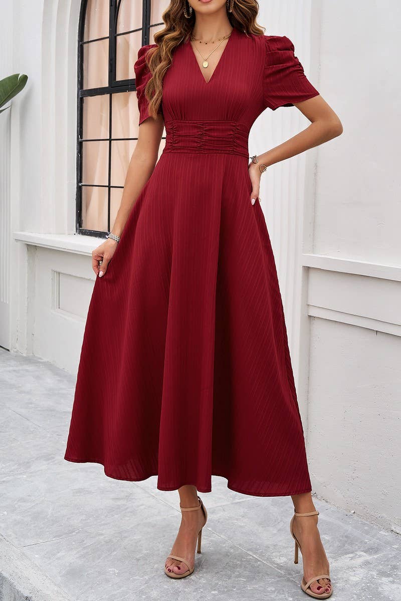 CWDMD5340_V-NECK ELEGANT SOLID COLOR HIGH WAIST DRESS