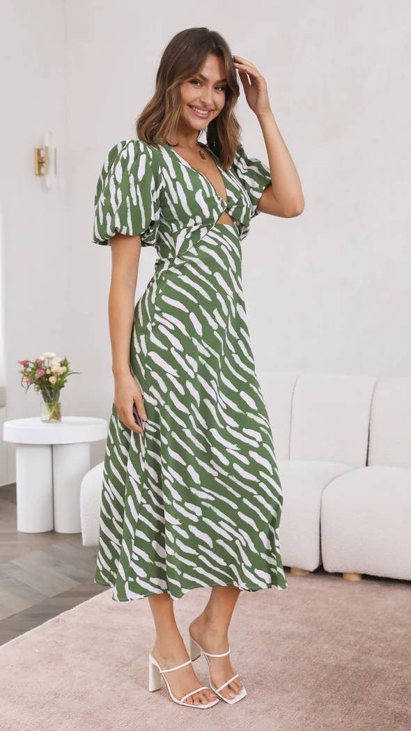Elegant puffed sleeve irregular printed dress