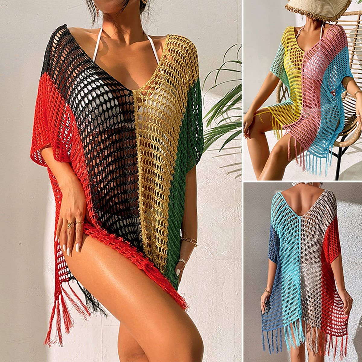 COLORFUL SEXY TASSEL HOLLOW BIKINI BEACH COVER-UP
